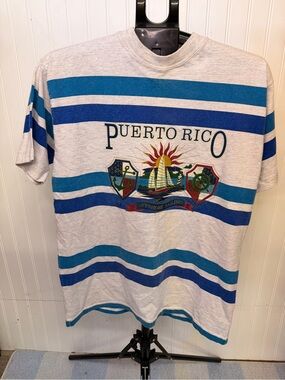 Puerto Rico Striped Graphic Tee - Blue & White Nautical Logo